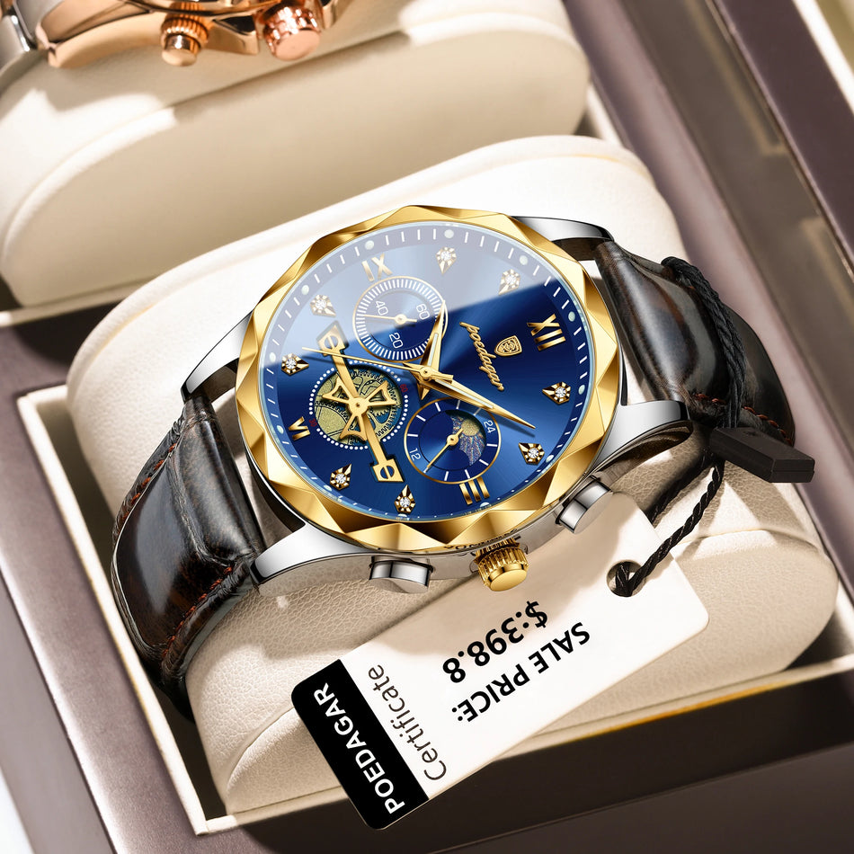 Leather Chronograph Quartz Watch For Men, Luminous Dial, Waterproof POEDAGAR