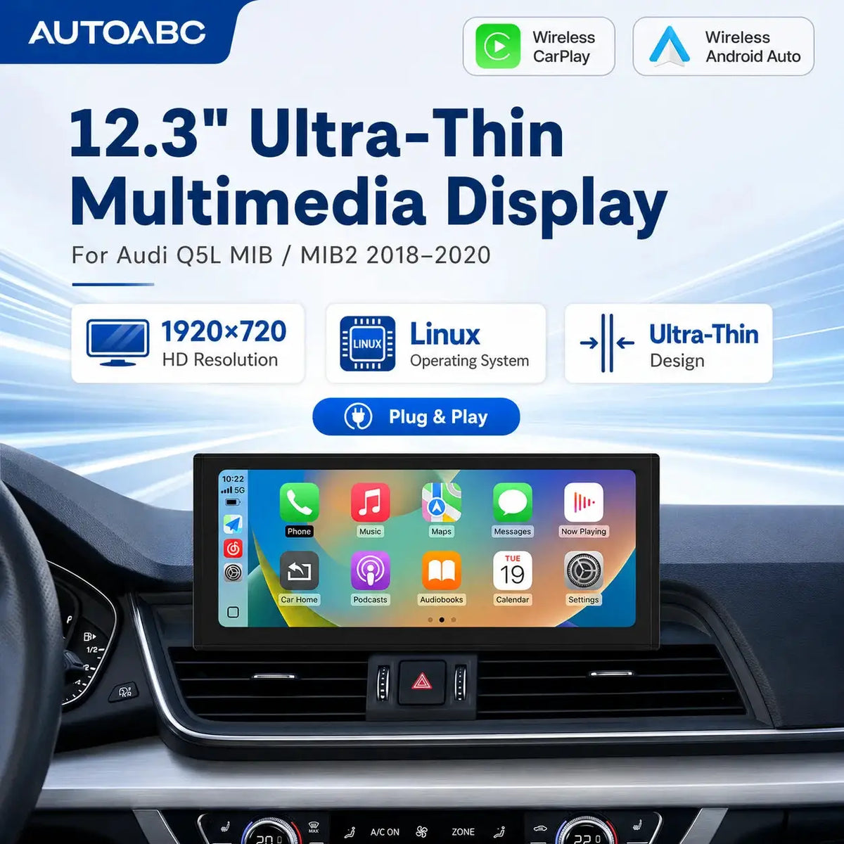 12.3'' TouchScreen Wireless CarPlay Car Multimedia Display For Audi Q5 2018-2019 MIB System with Android Auto Airplay Function by InterCyprus Trading Ltd