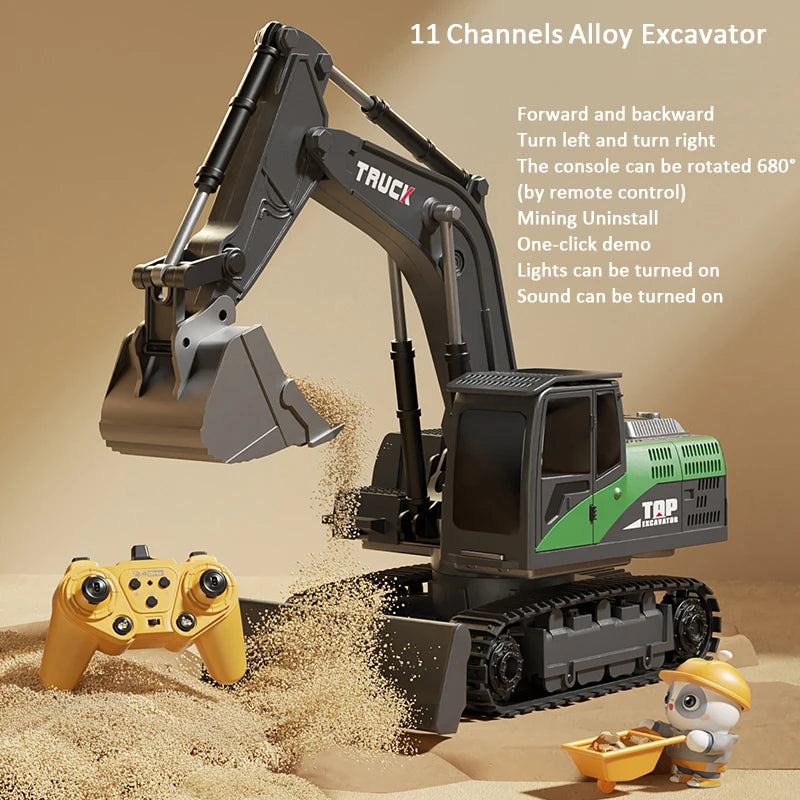 Alloy RC Excavator 11CH Remote Car &ndash; Realistic Lights 11Ch green
