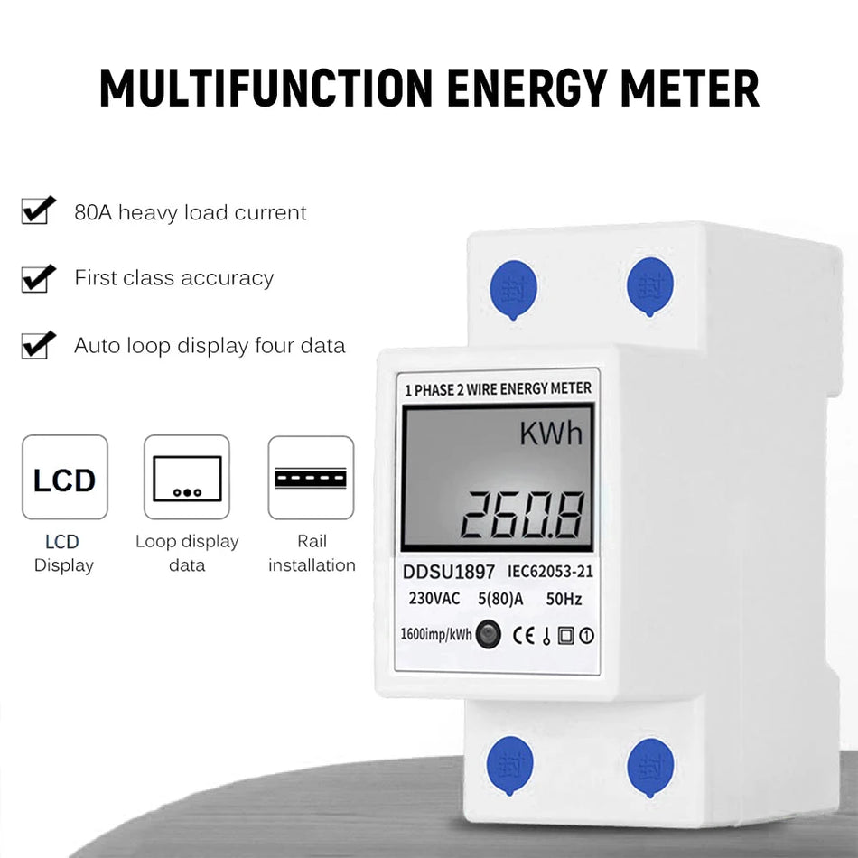 Meterk Digital 220V 80A Single Phase DIN Rail Energy Meter
