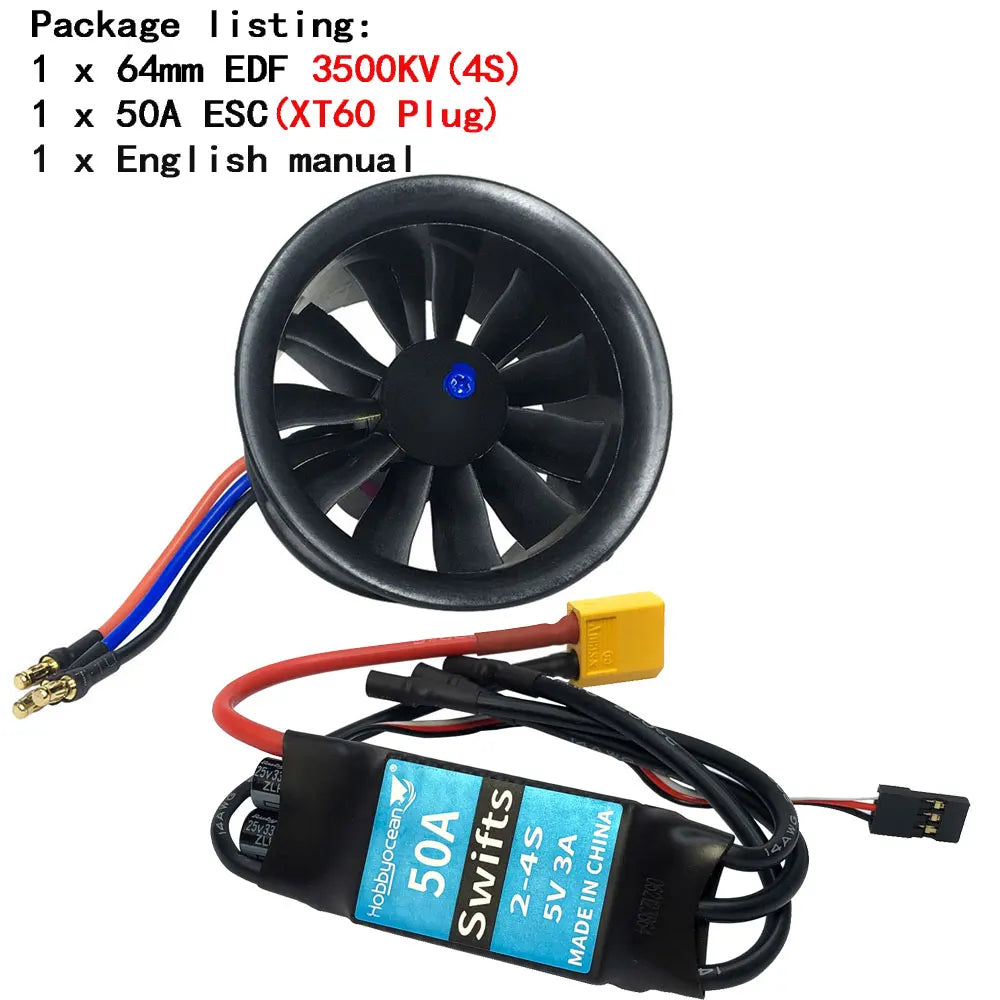 Hobbyocean 64mm EDF Plane with 11-Blade Ducted Fan and 50A ESC for RC Jets 3500KV 50A ESC Combo