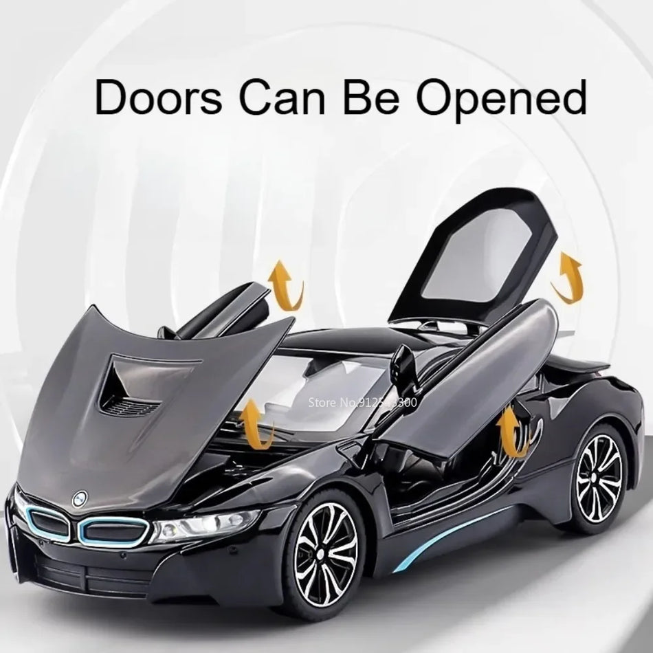 Mașină de jucărie diecast la scară 1:22 I8 SL63, caroserie din aliaj, sunet și lumină, uși deschise.