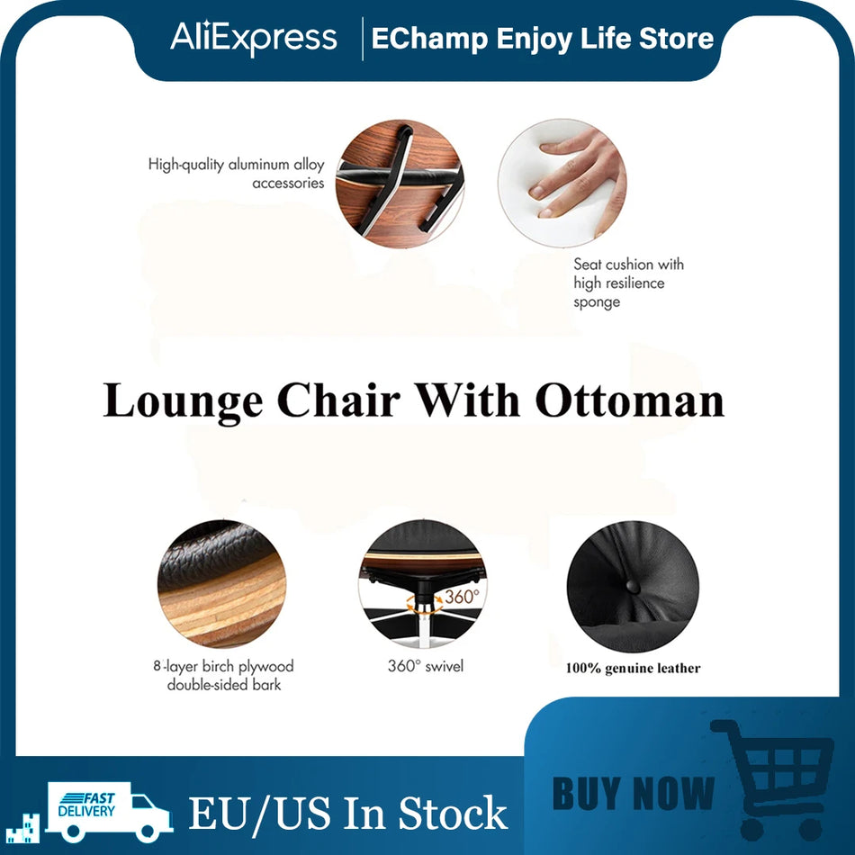 Replica Læder Lounge Stol Høj Med Sort Valnød Ottoman