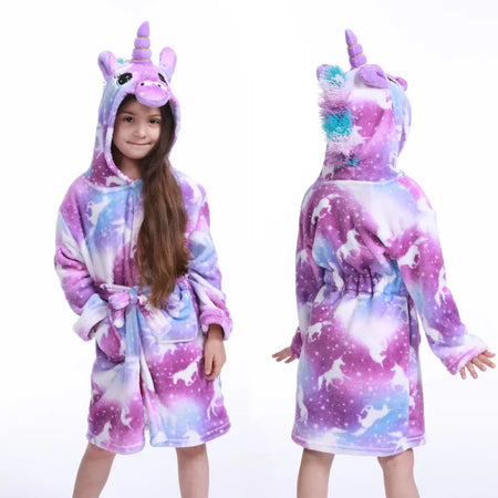 Unicorn Kids Hooded Bathrobe - Flannel Fleece Sleepwear for Girls Purple Unicorn / 140CM(7-8Years)
