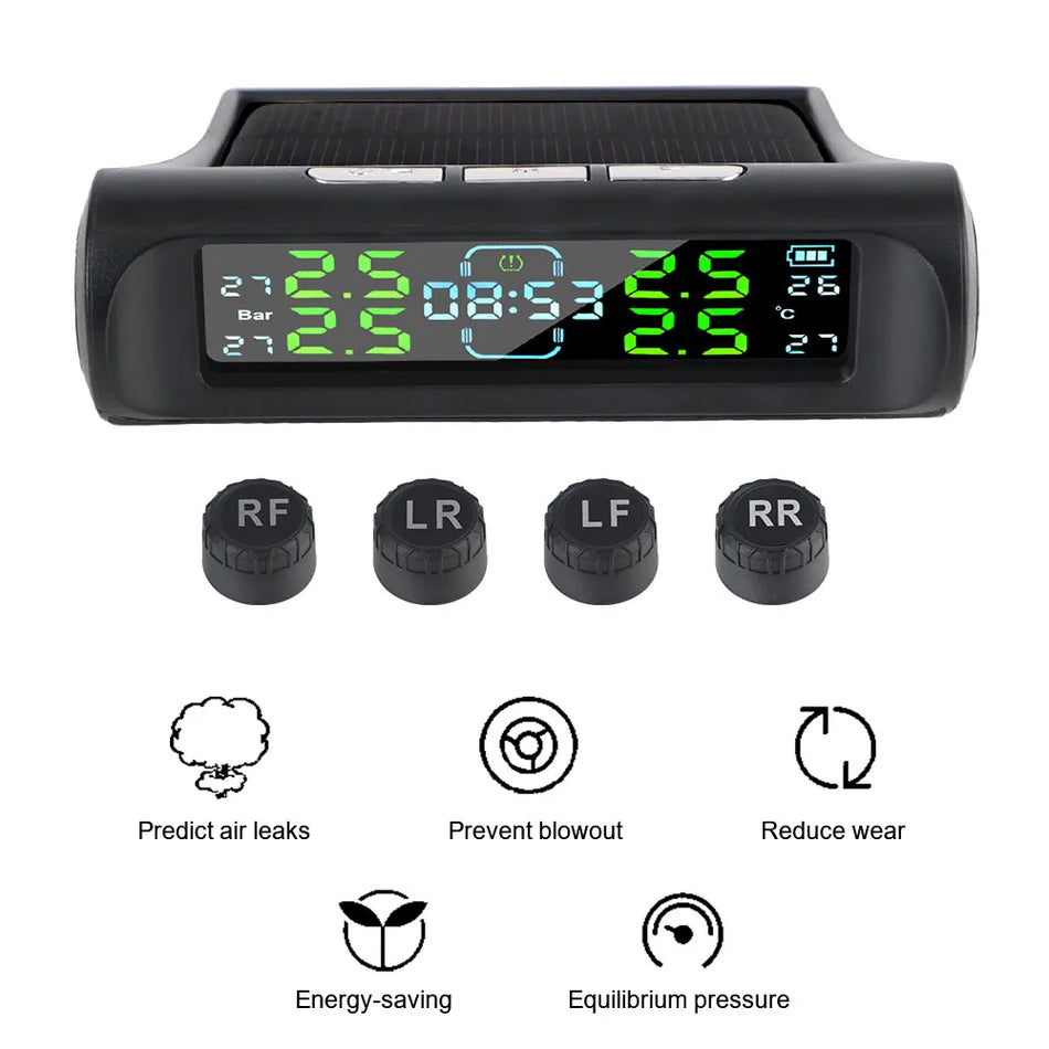 Car TPMS with Digital Clock and Dashboard Display, 4 Sensors