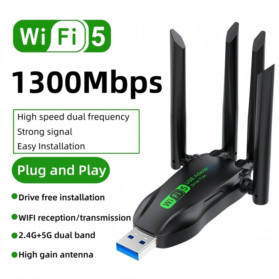 Adaptateur USB WiFi double bande 1300Mbps avec 2.4/5GHz, USB 3.0, 4 antennes