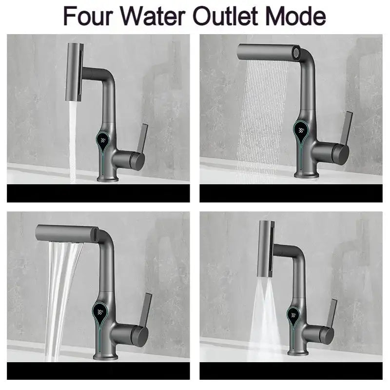 Waterfall Temperature Digital Display Basin Faucet Lift Up Down Stream Sprayer Hot Cold Water Sink Mixer Wash Tap For Bathroom