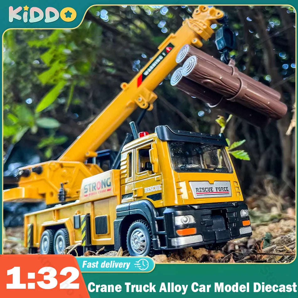 1/32 Crane Truck Alloy Car Model Diecast Metal Toy Simulation Engineering Vehicles with Sound and Light Model for Children Gifts