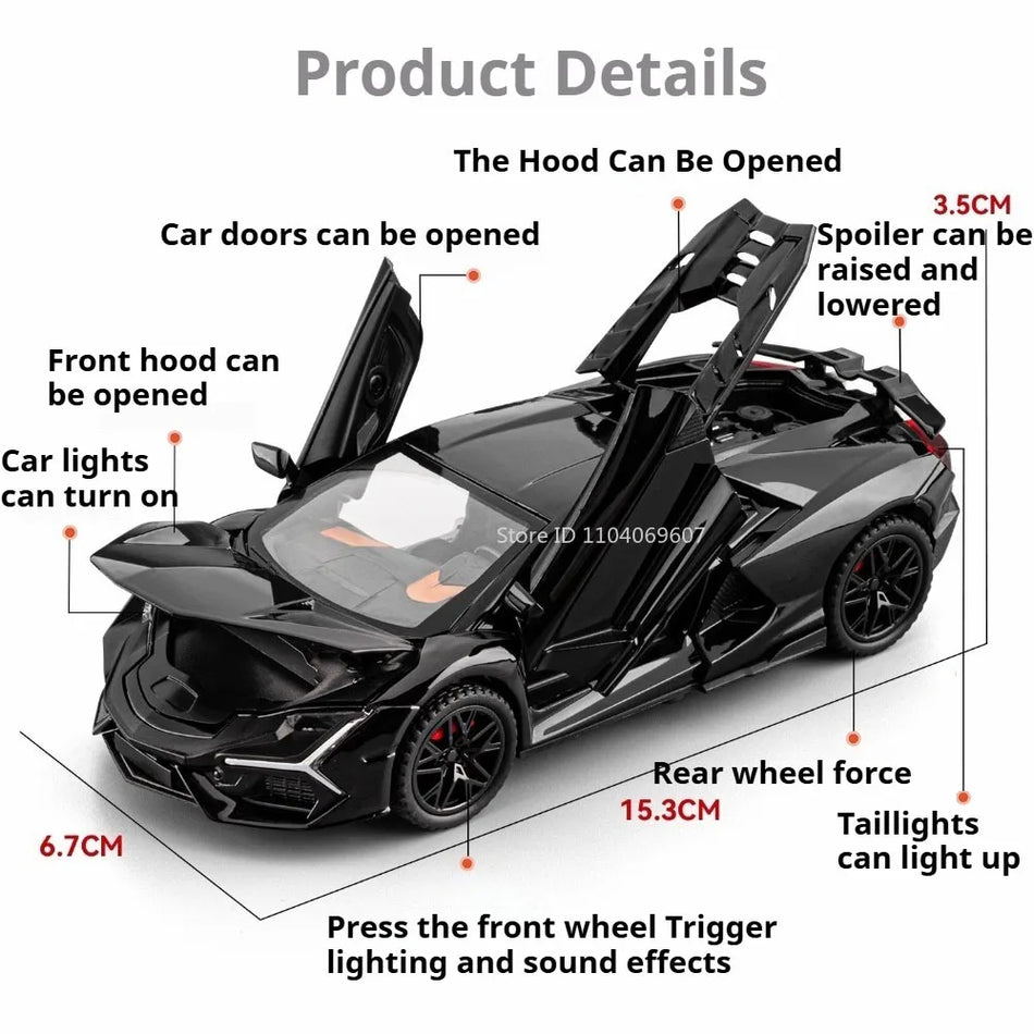 Model superavtomobila v merilu 1:32 iz diecast materiala z odprtimi vrati, povlečnim mehanizmom, zvokom in lučmi.