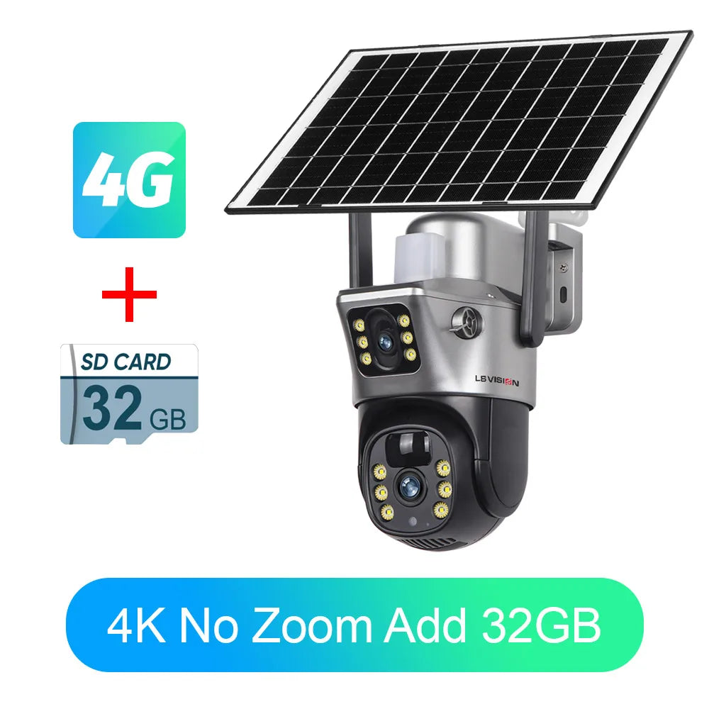 LS VISION 4G SIM Card Solar Camera 10X Zoom CCTV Battery Cameras Outdoor 2 Screen Security Surveillance Ai Tracking Cam V380PRO 4K No Zoom Add 32G / CHINA