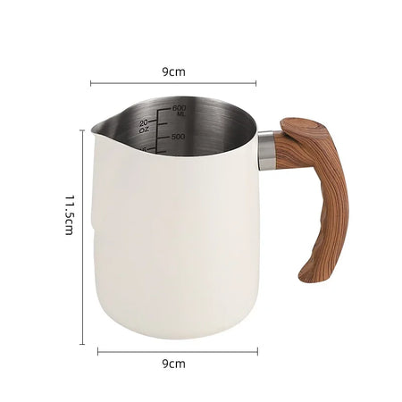 304 Stainless Steel Coffee Milk Frothing Pitcher &ndash; Precise Scale with Wooden Handle Beige 600ML