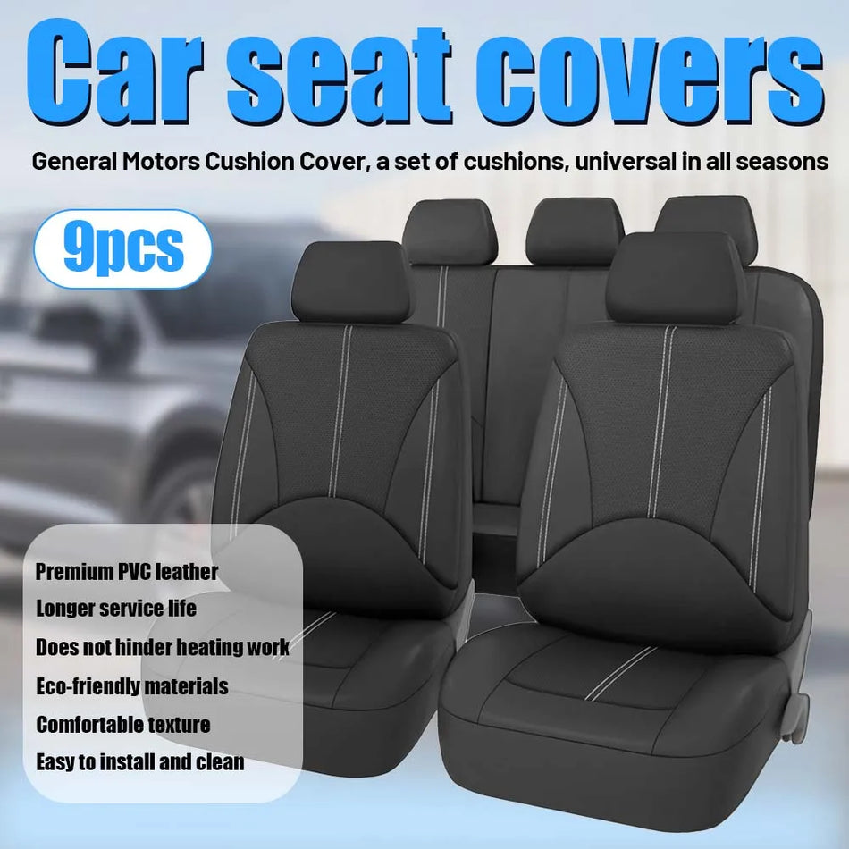 Visų sezonų universalus 9 dalių automobilio sėdynių užvalkalų rinkinys, PVC oda, juoda
