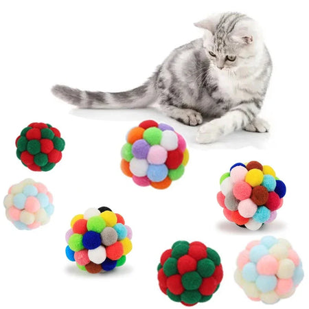 Interactive Cat Toy Balls with Bells - 3/60pcs Colorful, Eco-Friendly Plush Pom Poms for Indoor Cats and Kittens Random-6.5cm / 15pcs