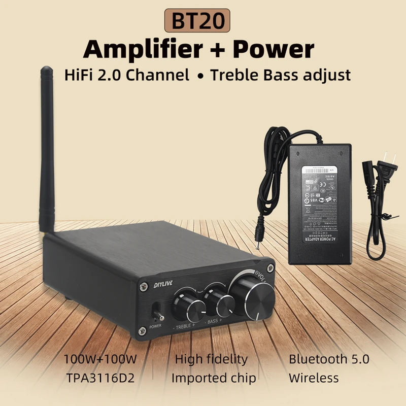 HiFi 2.0 Digital Audio Amplifier TPA3116D2 100W x 2 with Bluetooth 5.0 BT20 24V6A