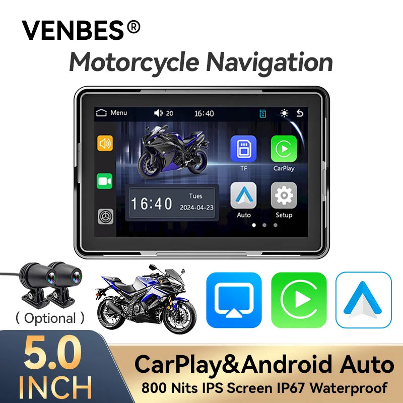 VENBES 5 Inch Motorcycle Navigation &ndash; IP67 Waterproof with Wireless Carplay
