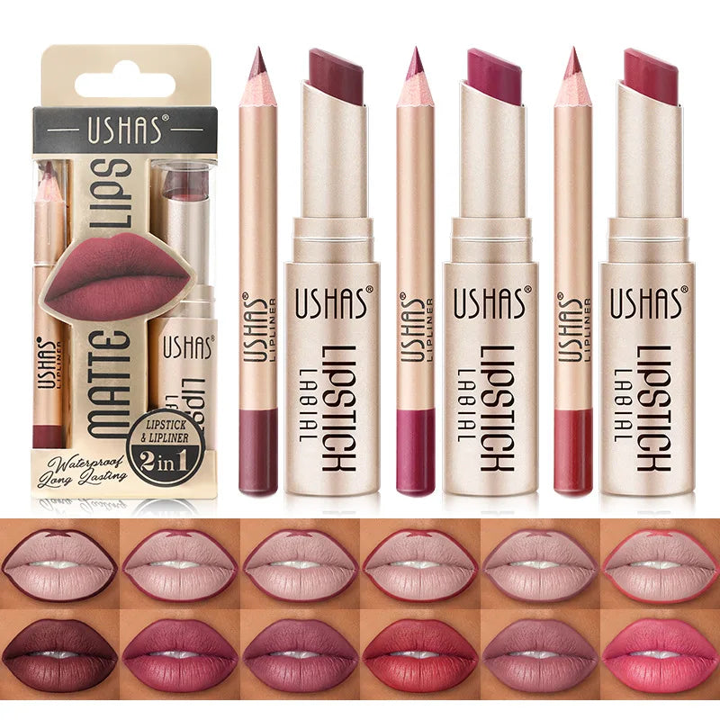 USHAS 12 Color Long-lasting Waterproof Lip Liner &amp; Matte Lipstick Set
