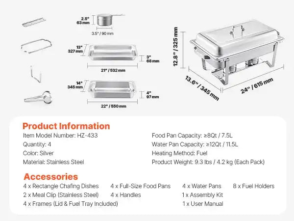 8 Qt Stainless Steel Chafing Dish Buffet Warmer 4 packs / United States