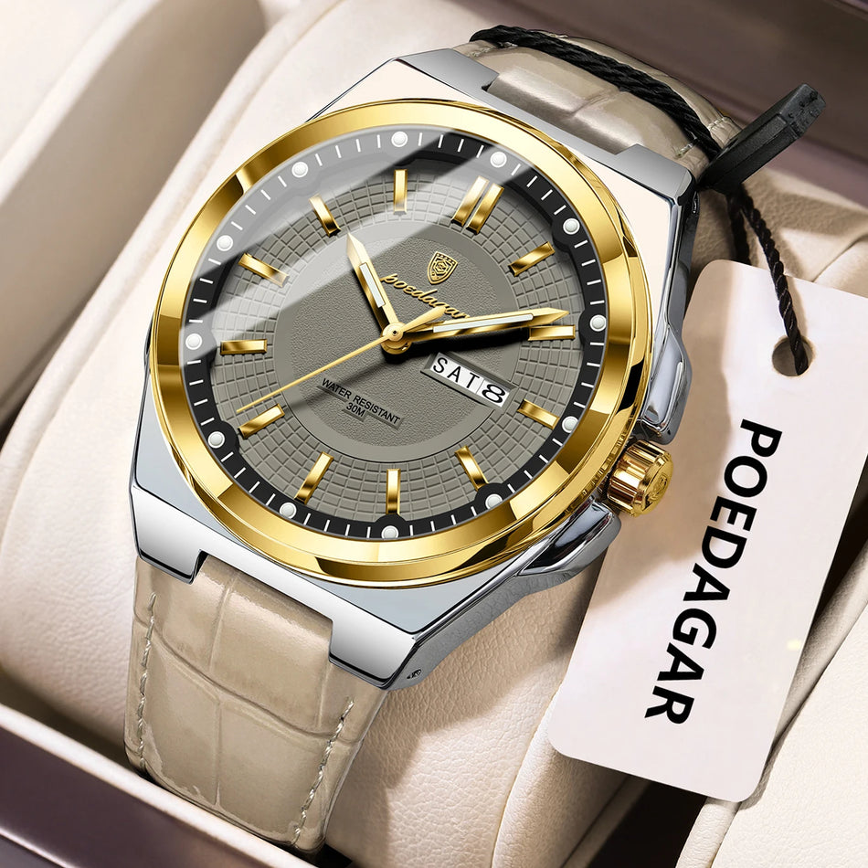 Luxury Leather Men's Wristwatch, Waterproof, Luminous Dial, Date, Quartz