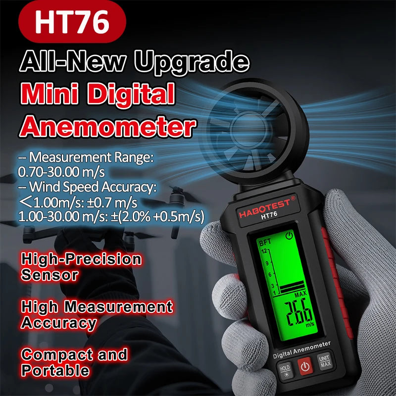 Mini digitální anemometr 0,7-30 m/s měřič rychlosti větru s 6 převody jednotek