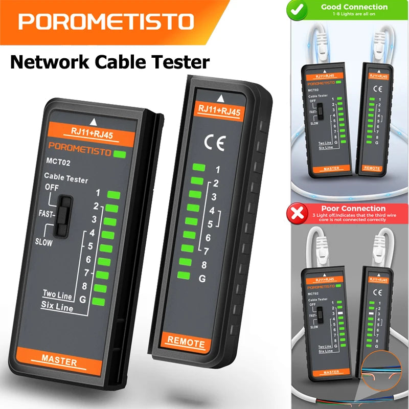 Tester di cavi di rete POROMETISTO MCT02 RJ45 RJ11, schermato 8P/6P/4P/2P