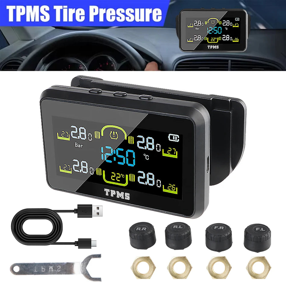 Car TPMS Tire Pressure Monitoring System with 4 Sensors, Digital Clock