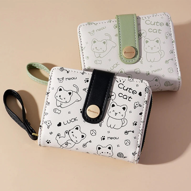 Cute Cat Girl Zipper Wallet for Women &ndash; Fashionable Short Card Holder and Coin Purse