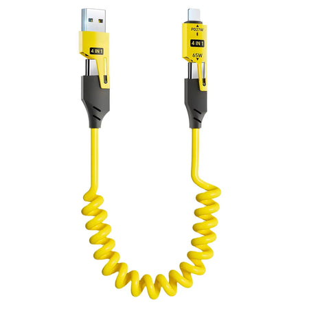 65W 4 in 1 Spring Telescopic USB-C Quick Charger Cable for iPhone, iPad, MacBook Yellow