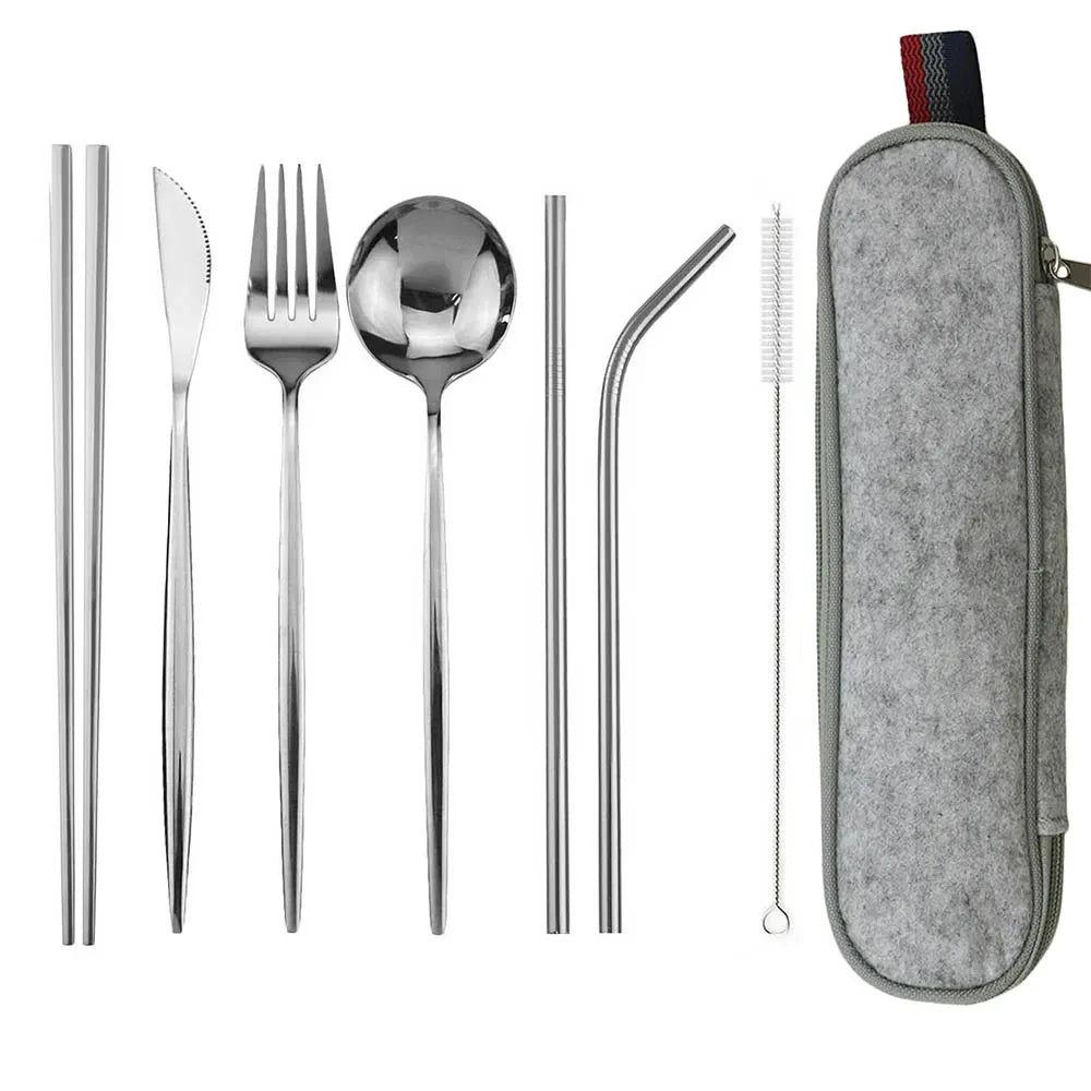 Travel Hiking Portable Dinnerware Set &ndash; Eco-Friendly Stainless Steel Cutlery Grey Bag Silver