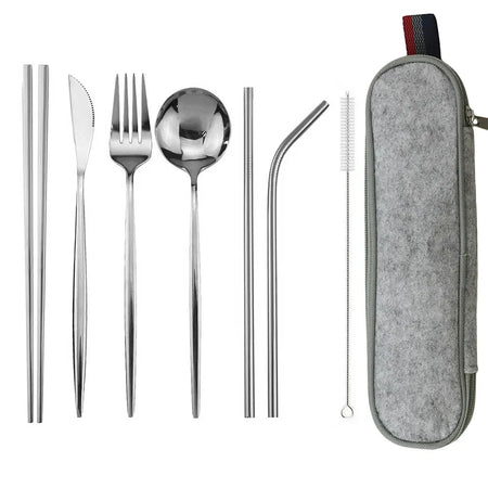 Travel Hiking Portable Dinnerware Set &ndash; Eco-Friendly Stainless Steel Cutlery Grey Bag Silver