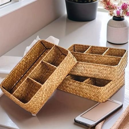 Seagrass Woven Storage Basket Desktop Sundry Organizer Cosmetic Storage Practical Gifts for Families Friends by InterCyprus Trading Ltd