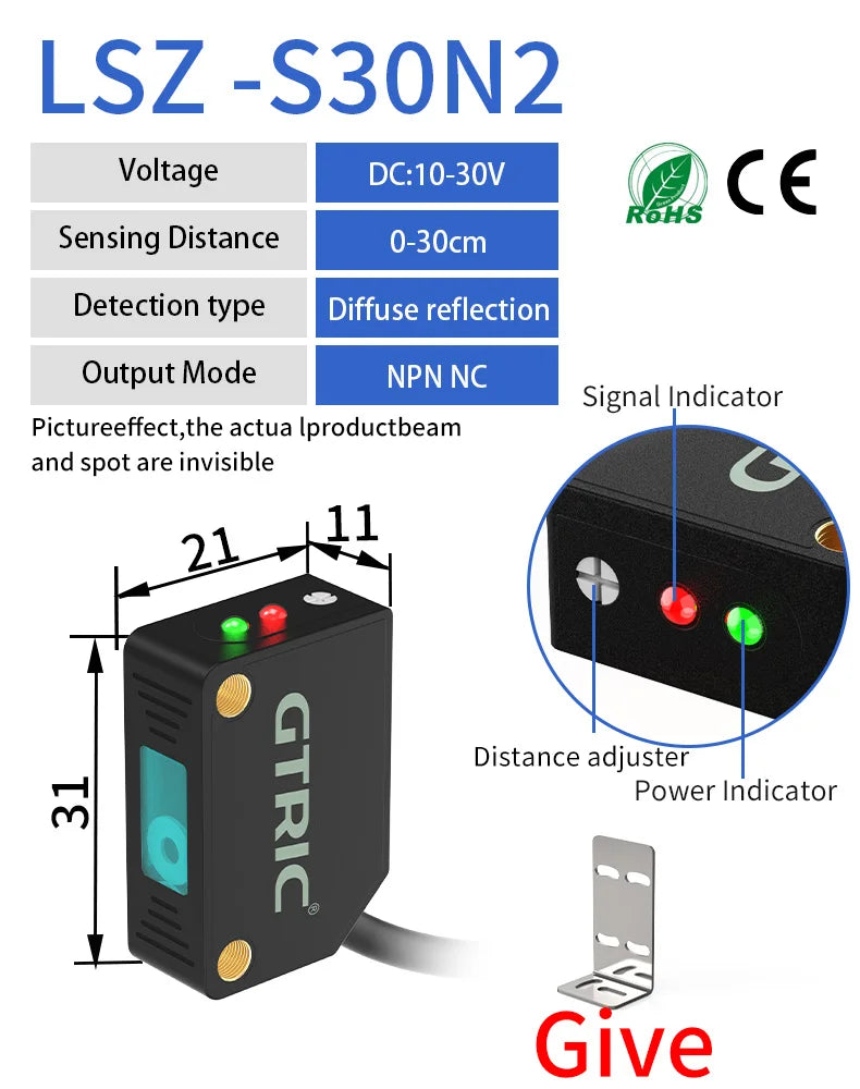 GTRIC Square Laser Photoelectric Sensors Diffuse Reflection Visible Small Spot NPN PNP 10-30VDC Infrared Beam Photocell Switch 30CM DC 3-wireNPN NC / CHINA