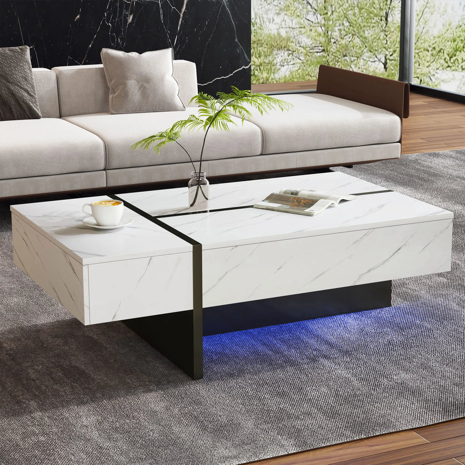 Mesa de café blanca moderna con iluminación LED y patrón de mármol