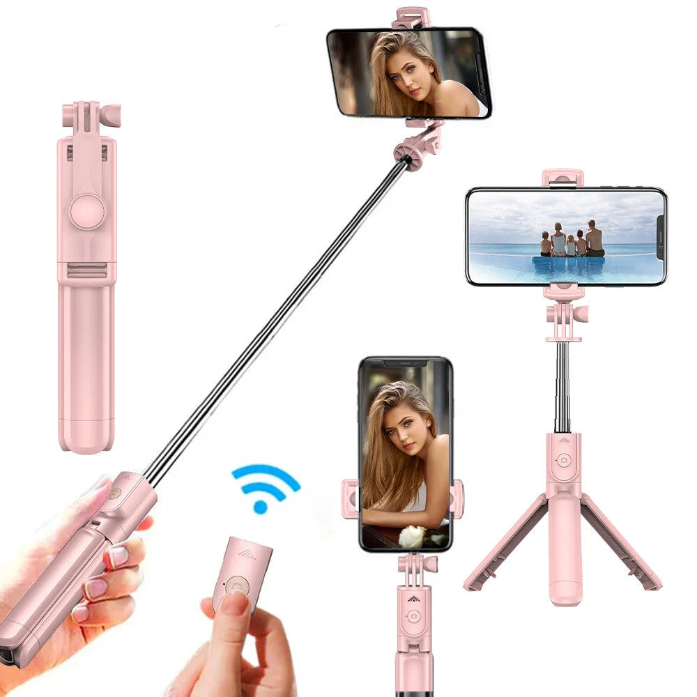 CrownQu Wireless Selfie Stick Tripod &ndash; Extendable with Bluetooth Remote pink(NO Light)