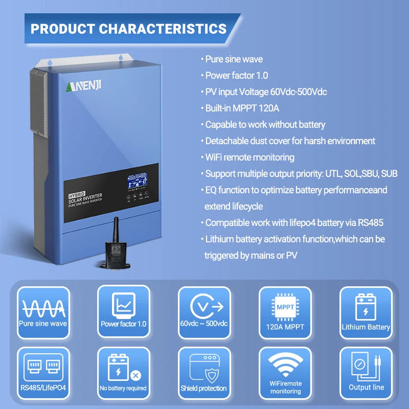 Inverter solare ibrido Anenji 6.2KW 48V con ingresso PV 500VDC, onda sinusoidale pura MPPT 120A e WiFi integrato