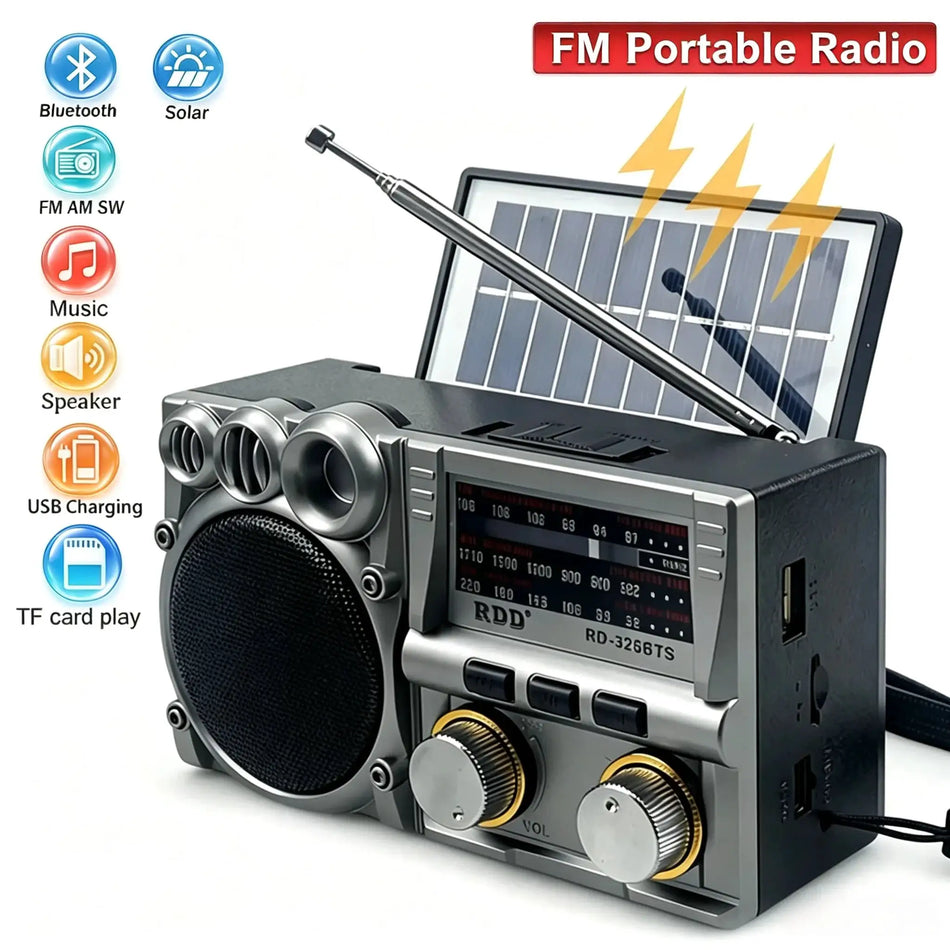 Portable Emergency Radio Vintage Solar Charging FM AM SW Radios Rechargeable Bluetooth Speaker TF Card USB Slot Full Band Radio by InterCyprus Trading Ltd