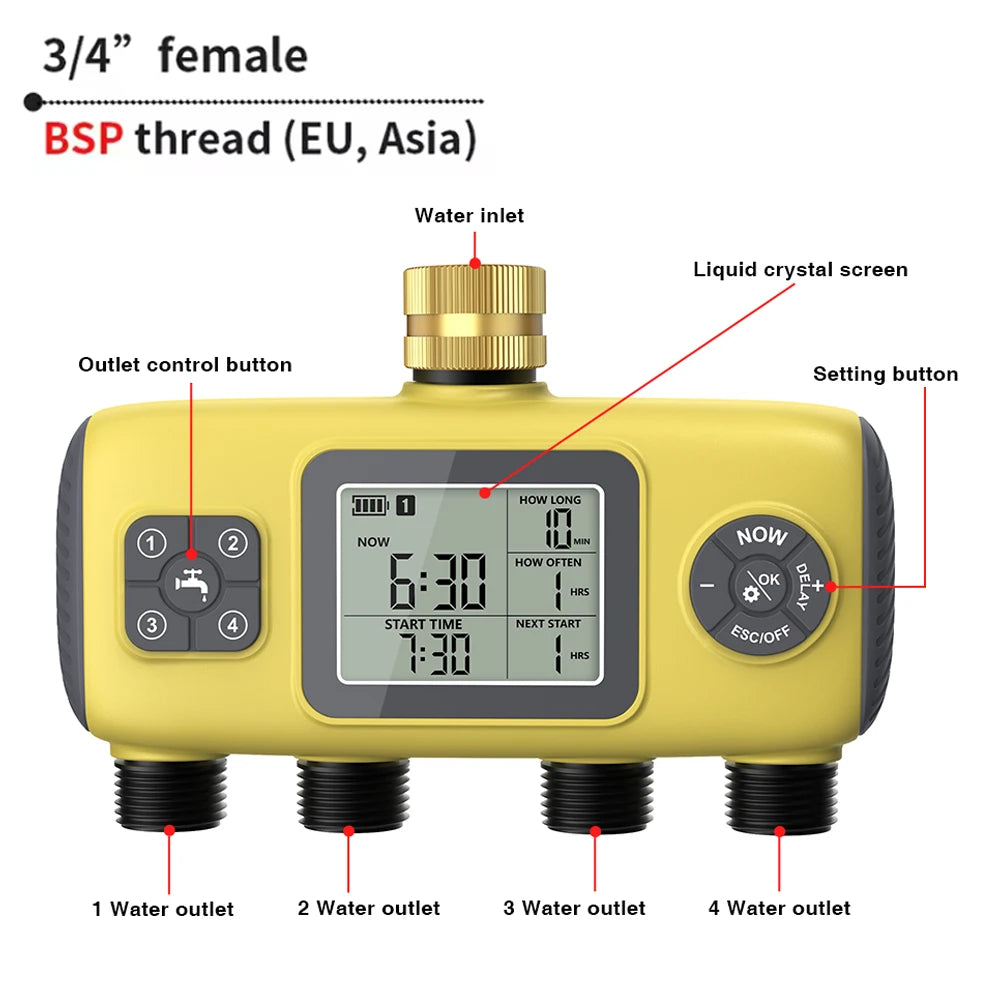 4-Outlet Irrigation Water Timer &ndash; Independent Watering Control System Button BSP Thread