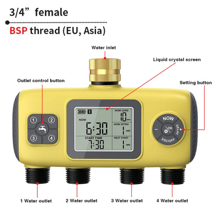 4-Outlet Irrigation Water Timer &ndash; Independent Watering Control System Button BSP Thread