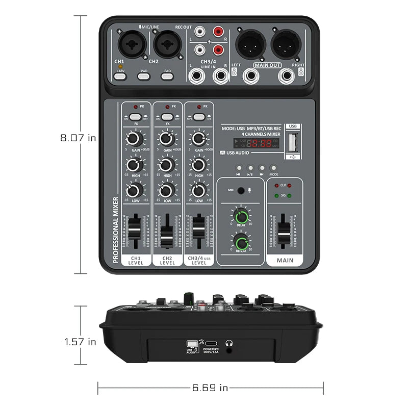 4 Channel Audio Mixer 48V Phantom USB - Bluetooth Enabled