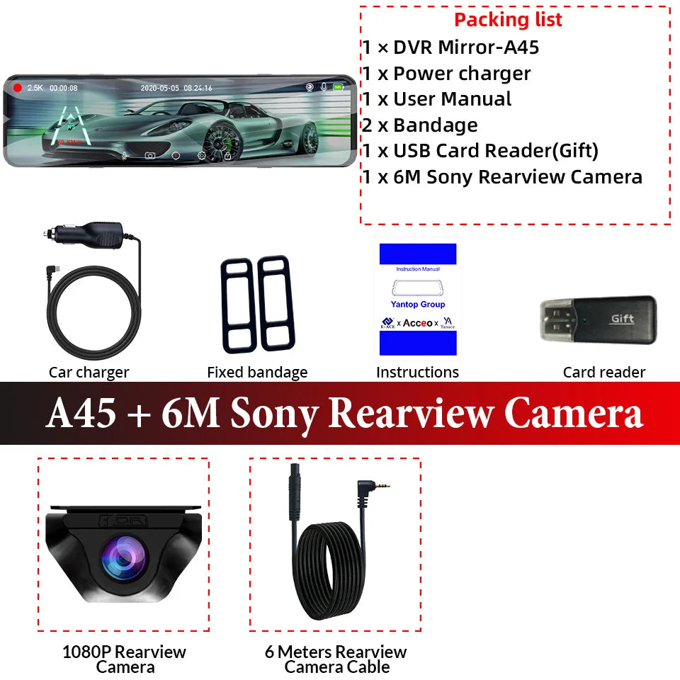 ACCEO A45 CAR DVR &ndash; 11.28 Inch Touch IPS 2.5K Rear Camera DVR-6M RC / 32G