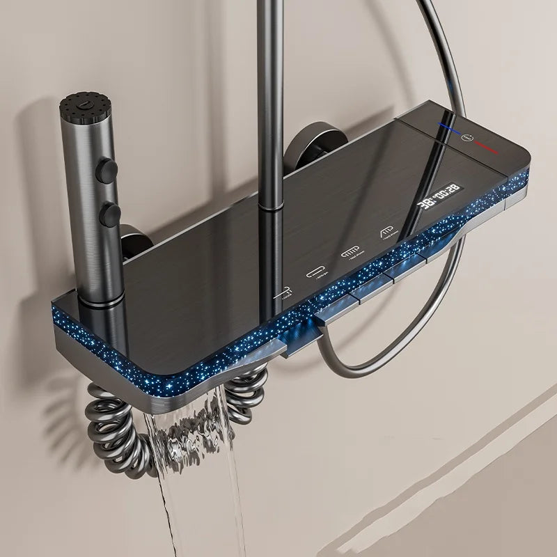 Sada sprchové baterie s displejem teploty, mosazný chromový povrch, čtyřfunkční čtvercový systém