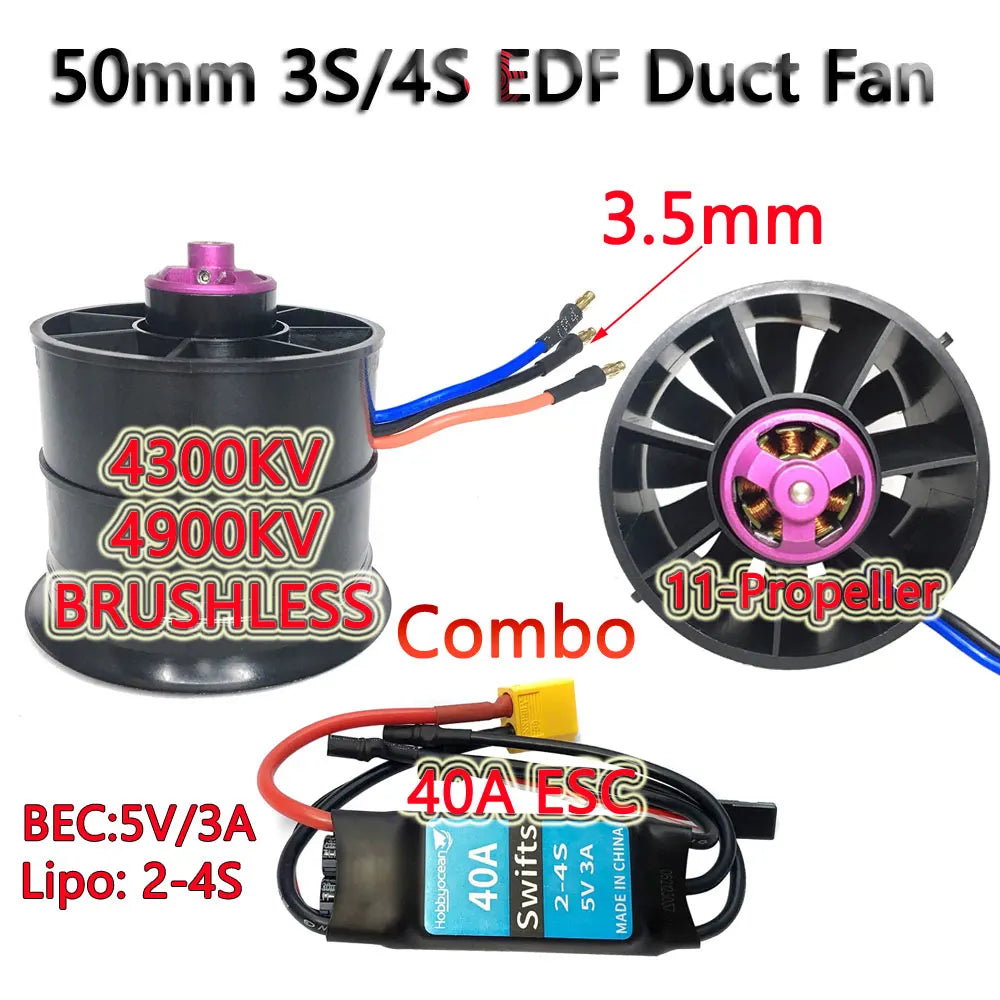 Hobbyocean 50mm Brushless EDF Duct Fan with 40A/50A ESC for RC Jet Planes