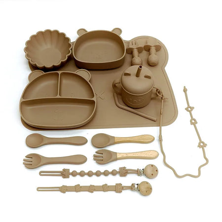 Children's Silicone Meal Plate Set &ndash; Fun Bear Design with Suction Cups light brown