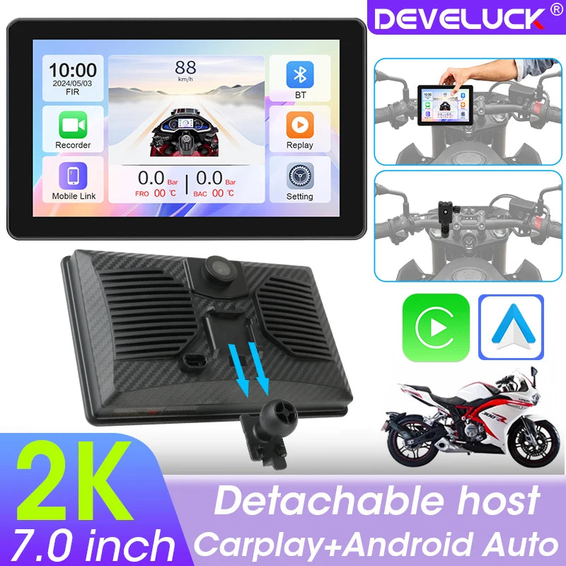 7 ιντσών 2K DVR οθόνη μοτοσικλέτας με ασύρματο CarPlay Android Auto αποσπώμενη οθόνη διπλό Bluetooth αδιάβροχο IP67