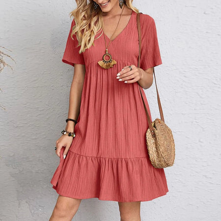 Elegant A-Line Mini Dress with V-Neck and Short Sleeves for Summer