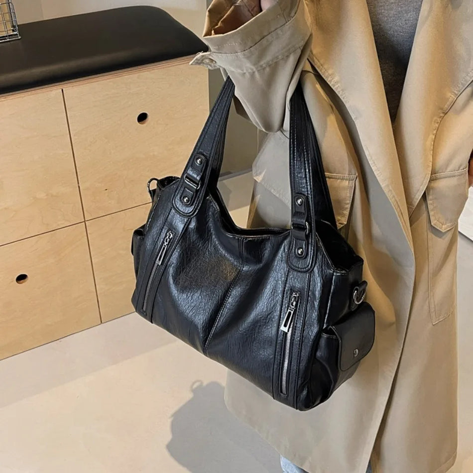 Large Capacity Daily Business Tote Bag For Women, Soft PU Leather With Zipper, Multiple Inner Pockets, Lined Interior