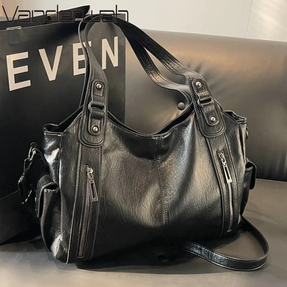 Large Capacity Daily Business Tote Bag For Women, Soft PU Leather With Zipper, Multiple Inner Pockets, Lined Interior