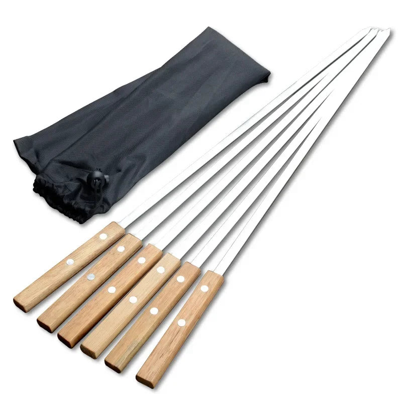 Premium 55cm Stainless Steel BBQ Skewers with Wooden Handle - Set of 6 55cm 6Pcs with bag
