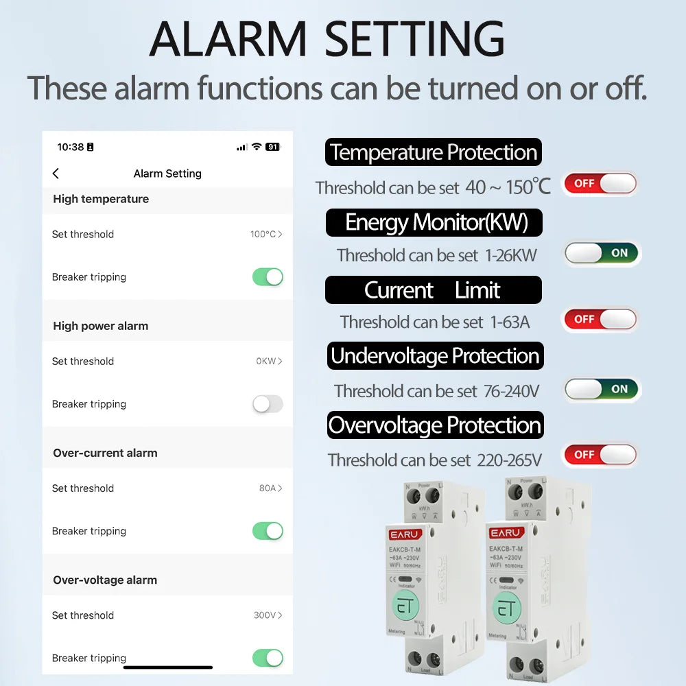 Tuya WiFi Zigbee Smart Circuit Breaker 1P+N 63A with Energy Monitoring and Voice Control