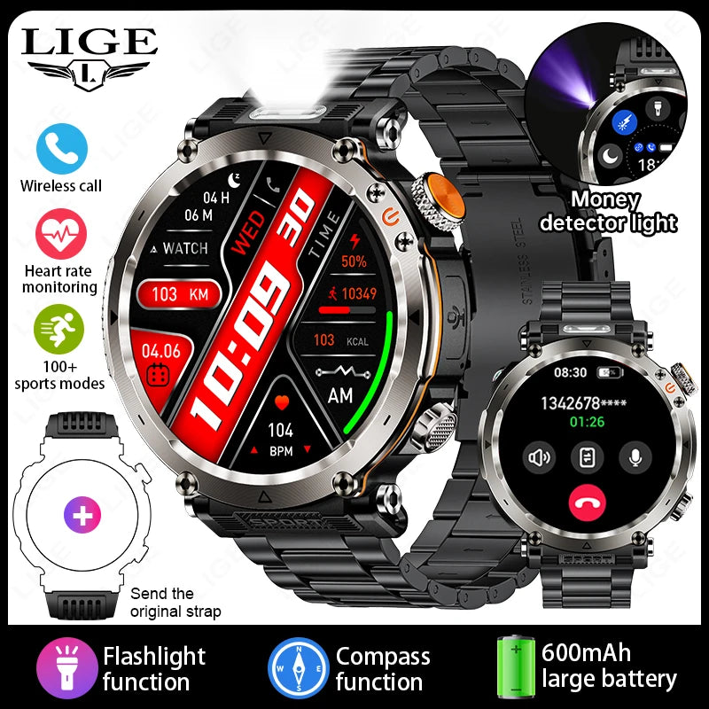 Outdoor Smart Watch Men LED Flashlight &ndash; Long Battery Life steel black