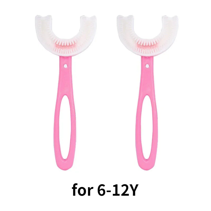 360 Degree U-Shaped Silicone Baby Toothbrush for Kids' Oral Care 2 Pcs Pink(2-12Y) / CHINA